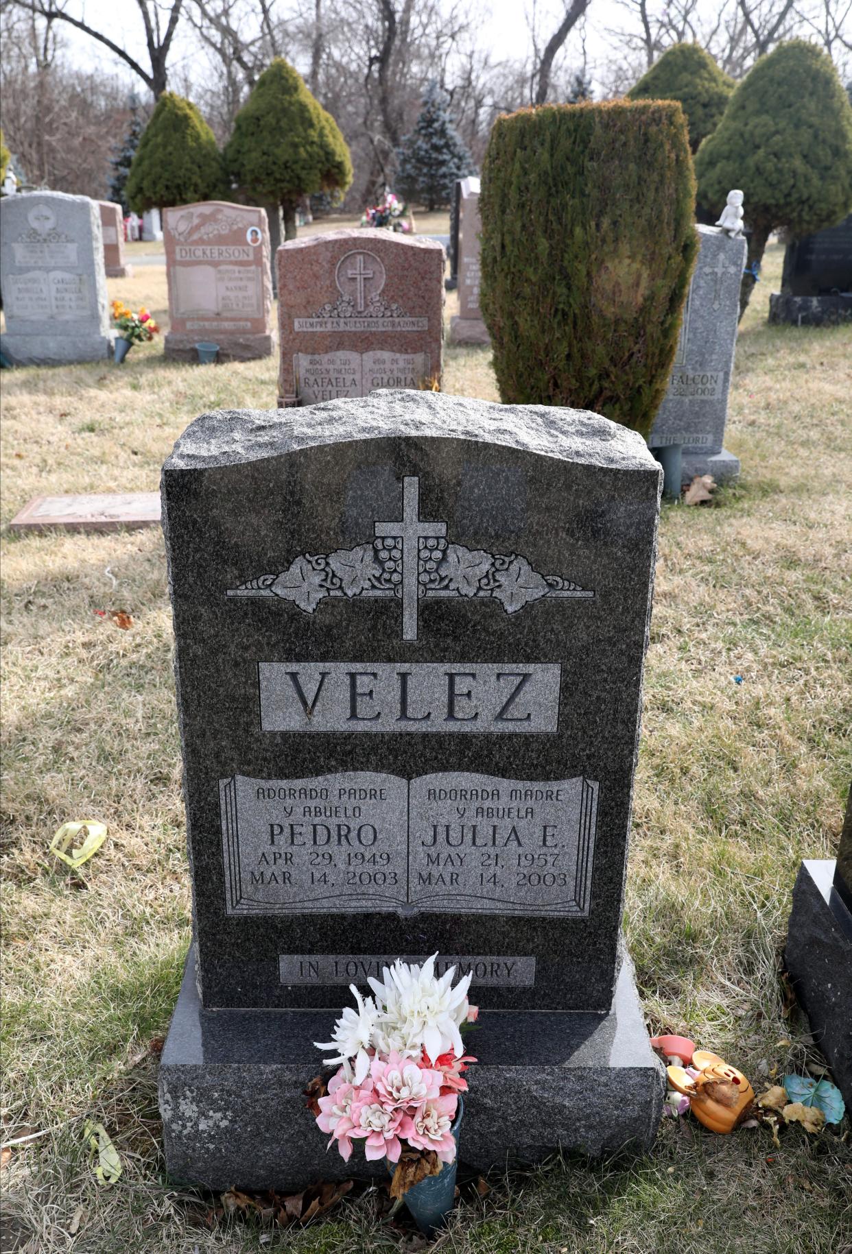 The gravestone for Pedro and Julia E. Velez is pictured at Oakland cemetery in Yonkers, Feb. 7, 2023.
