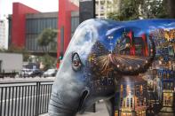 <p>An elephant sculpture as part of the 'Elephant Parade' at the Paulista Avenue in Sao Paulo, Brazil, Aug. 1, 2017. (Photo: Sebastiao Moreira/EPA/REX/Shutterstock) </p>