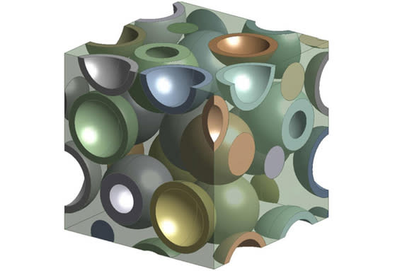 [Pin It] A 3-D computer model showing hollow particles inside a polymer. Engineers made the polymer transparent to better reveal how the hollow glass particles are distributed within the material.