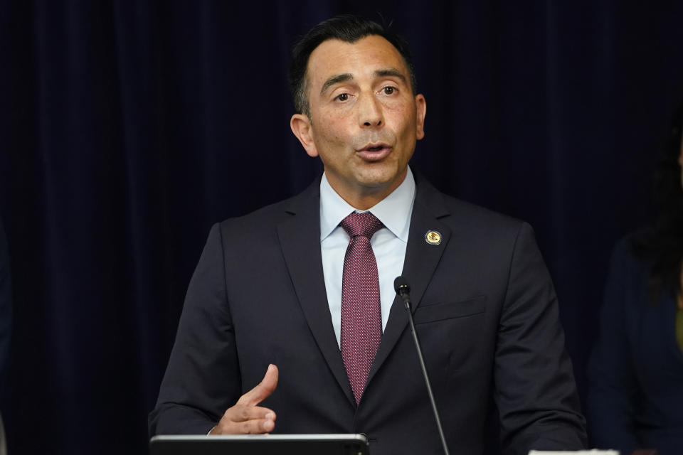 U.S. Attorney Martin Estrada announces charges against the former longtime interpreter for Los Angeles Dodgers star Shohei Ohtani during a news conference Thursday, April 11, 2024, in Los Angeles. Ippei Mizuhara is being charged with federal bank fraud for crimes involving gambling debts and theft of millions of dollars from the Japanese sensation, federal authorities said. (AP Photo/Ryan Sun)