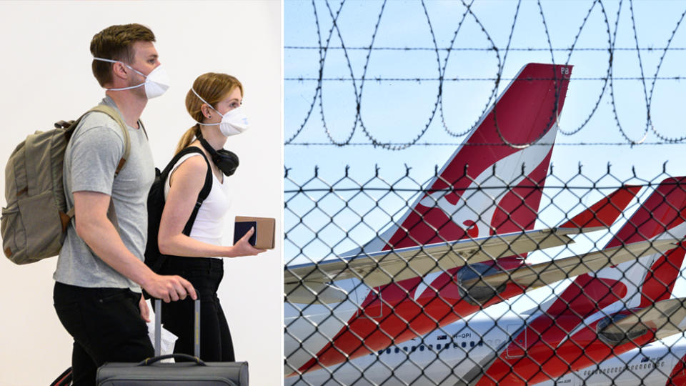 Australians may not see unrestricted international travel until October 2021. Pictured on the left man and woman wearing face masks carrying backpacks. On the right is a photo of Qantas planes behind a fence.