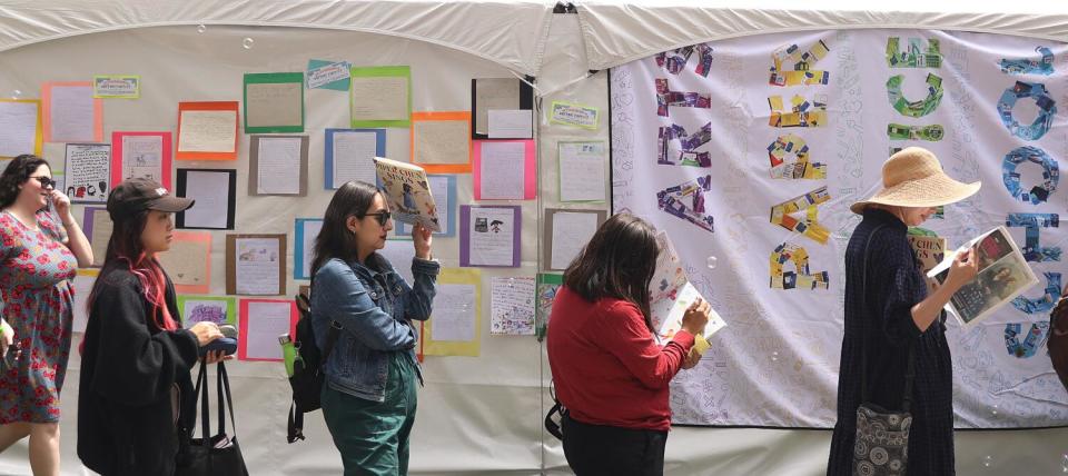 People wait in line during the LA Times Book Festival.