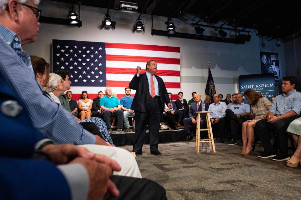 Former New Jersey Governor Chris Christie speaks during a New Hampshire Town Hall at Saint Anselm College in Goffstown, New Hampshire, on June 6, 2023.