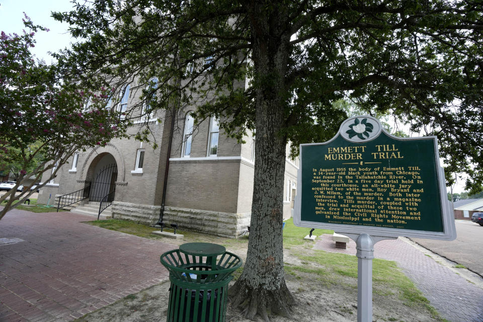 A Mississippi Department of Archives and History historical marker outlines the details of the Emmett Till murder trial at the Tallahatchie County Second District Courthouse, Monday, July 24, 2023, in Sumner, Miss. President Joe Biden is expected to sign a proclamation on Tuesday that establishes a national monument honoring Till, the Black teenager from Chicago whose abduction, torture and killing in Mississippi in 1955 helped propel the civil rights movement. The Emmett Till and Mamie Till-Mobley National Monument, located across three sites in Illinois and Mississippi, will be federally protected places. (AP Photo/Rogelio V. Solis)