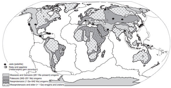 The locations of the proposed tectonic gemstones jadeite jade and ruby superimposed on a world map showing the ages of continental crust.