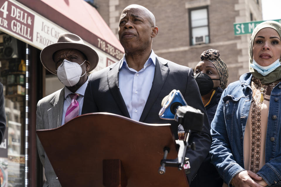 Mayoral candidate Eric Adams calls for new measures to reduce gun violence in front of 77 4th Avenue Brooklyn where in broad daylight 51-years old Nichelle Thomas was killed on April 21, 2021. (Lev Radin/Pacific Press/LightRocket via Getty Images)