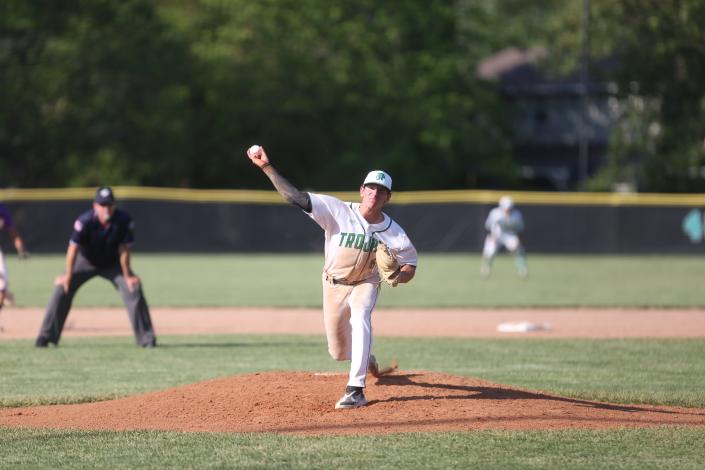 New Castle baseball senior Corbin Malott pitched 3.2 perfect innings to close out his team's 3-2 sectional championship win against Guerin Catholic at Yorktown High School on Monday, May 30, 2022.