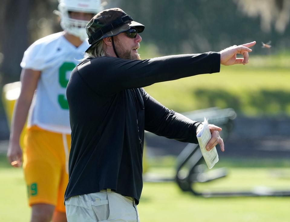 DeLand defensive coordinator Mike Klein during football practice, Monday, August, 1, 2022.