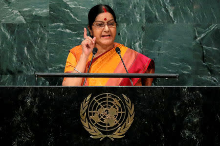 India's Minister of External Affairs Sushma Swaraj addresses the United Nations General Assembly in the Manhattan borough of New York, U.S., September 26, 2016. REUTERS/Brendan McDermid