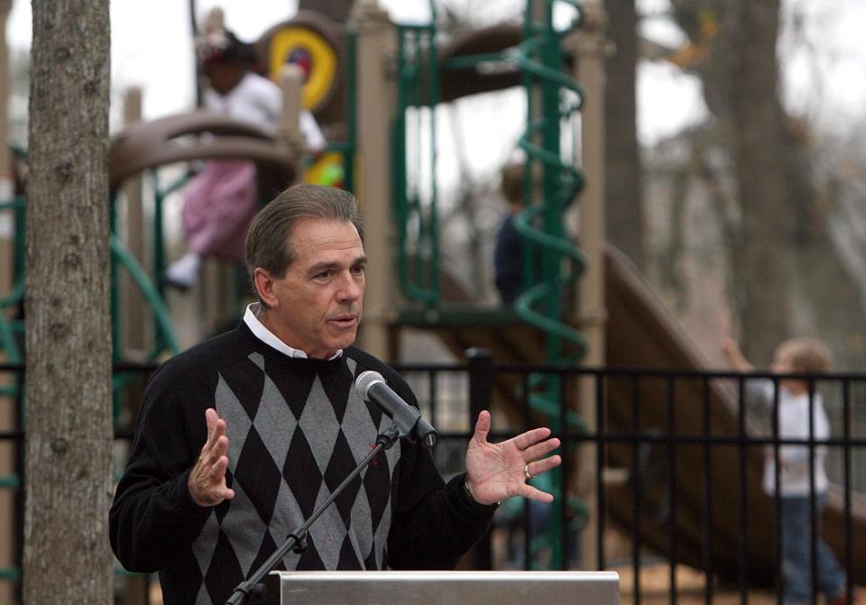 12-7-12 -- Tuscaloosa, Ala. -- Alabama football coach Nick Saban speaks during a dedication of the newly constructed Nick's Kids Playground on the River Walk in Tuscaloosa, Ala. Friday, Dec. 7, 2012. (Dusty Compton / Tuscaloosa News)