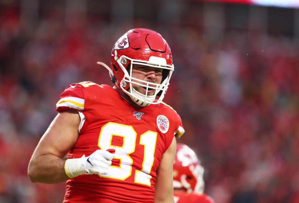 Jan 12, 2020; Kansas City, Missouri, USA; Kansas City Chiefs tight end Blake Bell (81) against the Houston Texans in the AFC Divisional Round playoff football game at Arrowhead Stadium. Mandatory Credit: Mark J. Rebilas-USA TODAY Sports