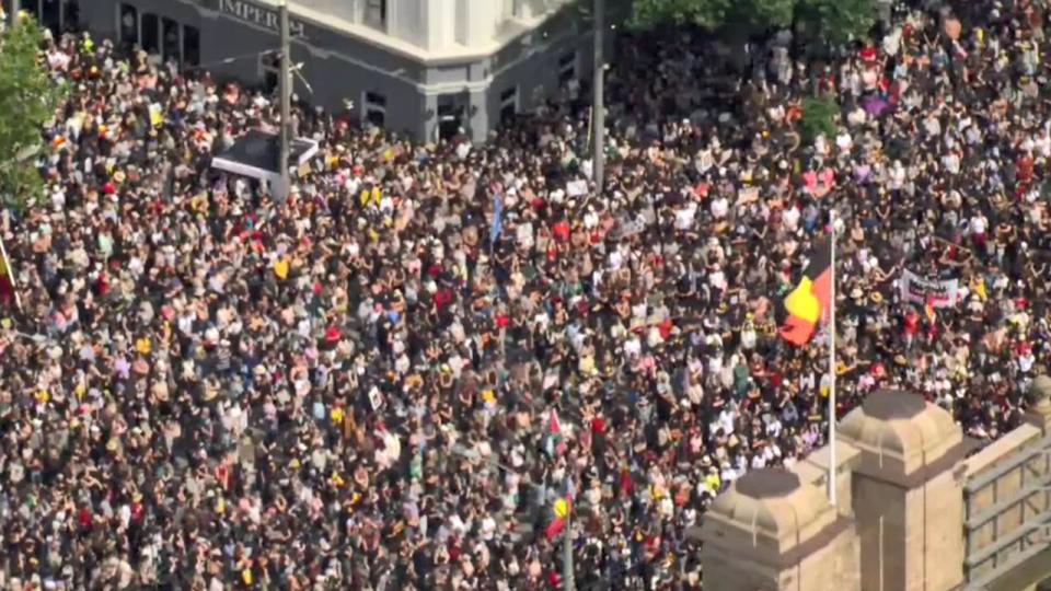 ,,Large crowds gather outside Parliament House in Melbourne. Picture: Nine News