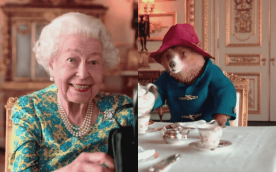 英國女王伊莉莎白二世今年慶祝登基70週年時，帕丁頓熊與英國女王喝下午茶的影片成為亮點。（翻攝自The Royal Family YouTube）