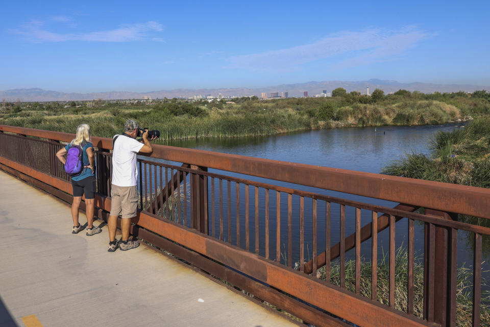 Bird watchers stand on the Big Weir Bridge at the 2,900 acre Clark County Wetland Park on Friday, Aug. 26, 2022, in Clark County, Nev. The Las Vegas Wash, that runs through the park, is a crucial part of how Nevada has managed to keep its net Colorado River use below its allocation, despite booming population growth and two decades of persistent drought, worsened by a changing climate. (Jeff Scheid/The Nevada Independent via AP)