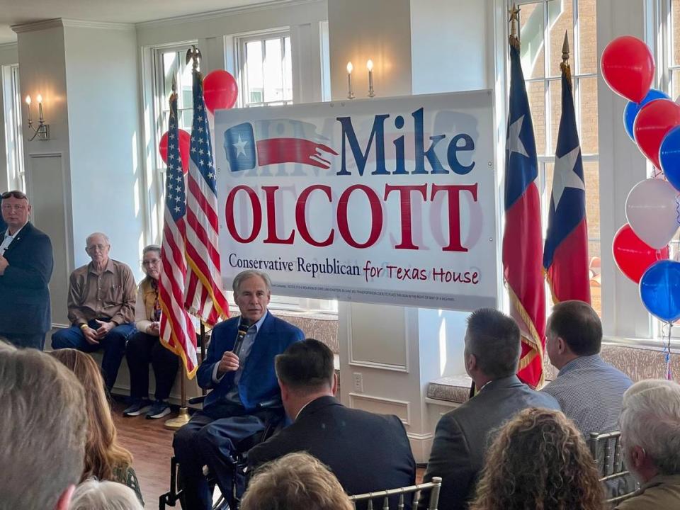 Gov. Greg Abbott campaigns for Mike Olcott in Mineral Wells.