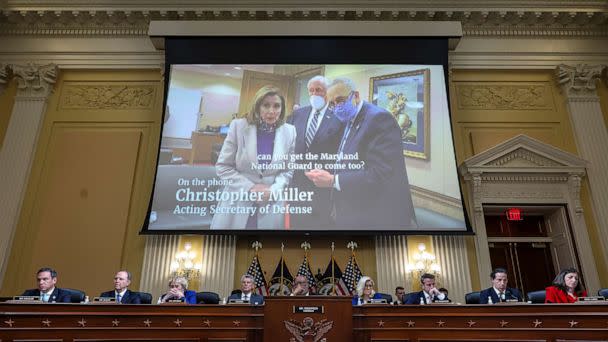 PHOTO: A video of U.S. Speaker of the House Nancy Pelosi, Senate Majority Leader Charles Schumer and House Majority Leader Steny Hoyer is played on Oct. 13, 2022 in Washington, DC. (Alex Wong/Getty Images)