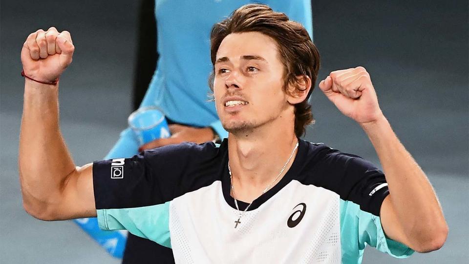 Alex De Minaur (pictured) thanks the crowd after his round three match at the Aus Open.