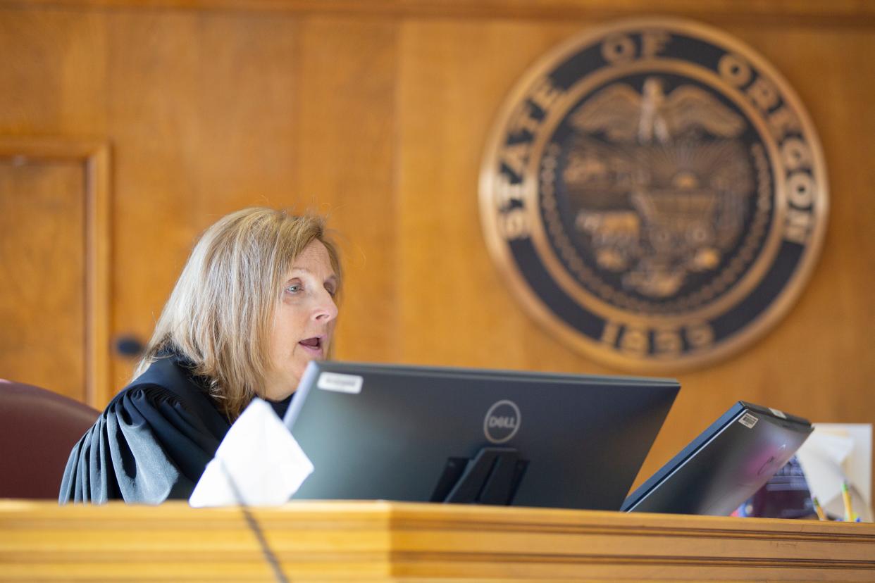 Marion County Circuit Court Judge Audrey J. Broyles speaks during a status hearing at Marion County Circuit Court after a federal judge ruled she could not order the Oregon State Hospital to treat a defendant once a week.