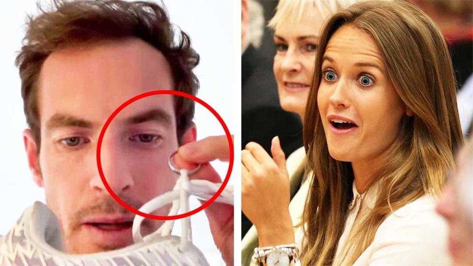 Andy Murray (pictured left) with his wedding ring and tennis shoes and (pictured right) his wife Kim Sears reacting.