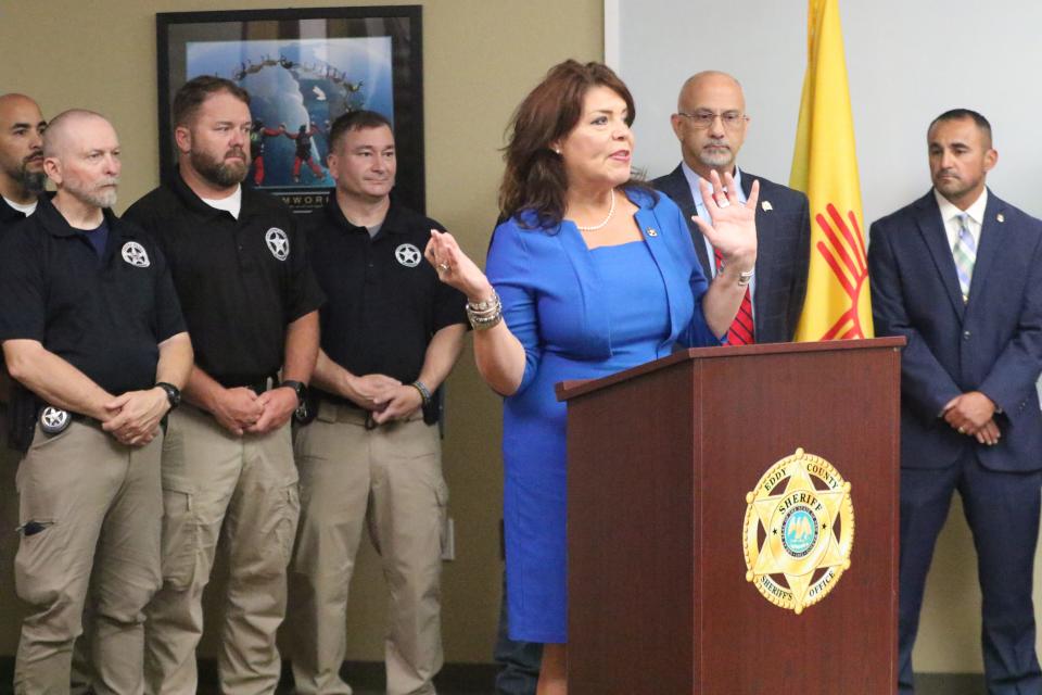 Sonya Chavez with the U.S. Marshals Service District of New Mexico discusses a recent drug trafficking operation in Eddy County, Aug. 3, 2023 at the Eddy County Sheriff's Office.