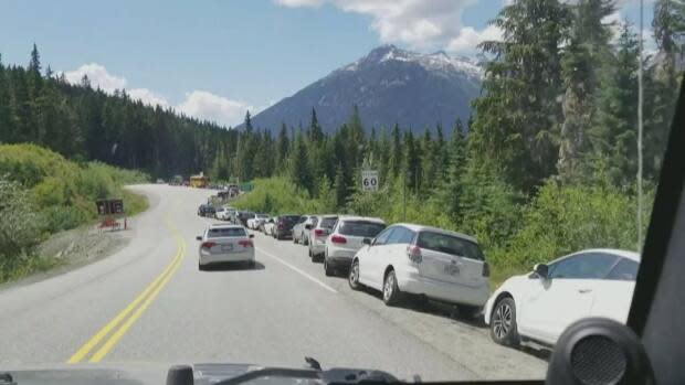 On a busy day, Highway 99 is host to a long line of vehicles outside Joffre Lakes Provincial Park