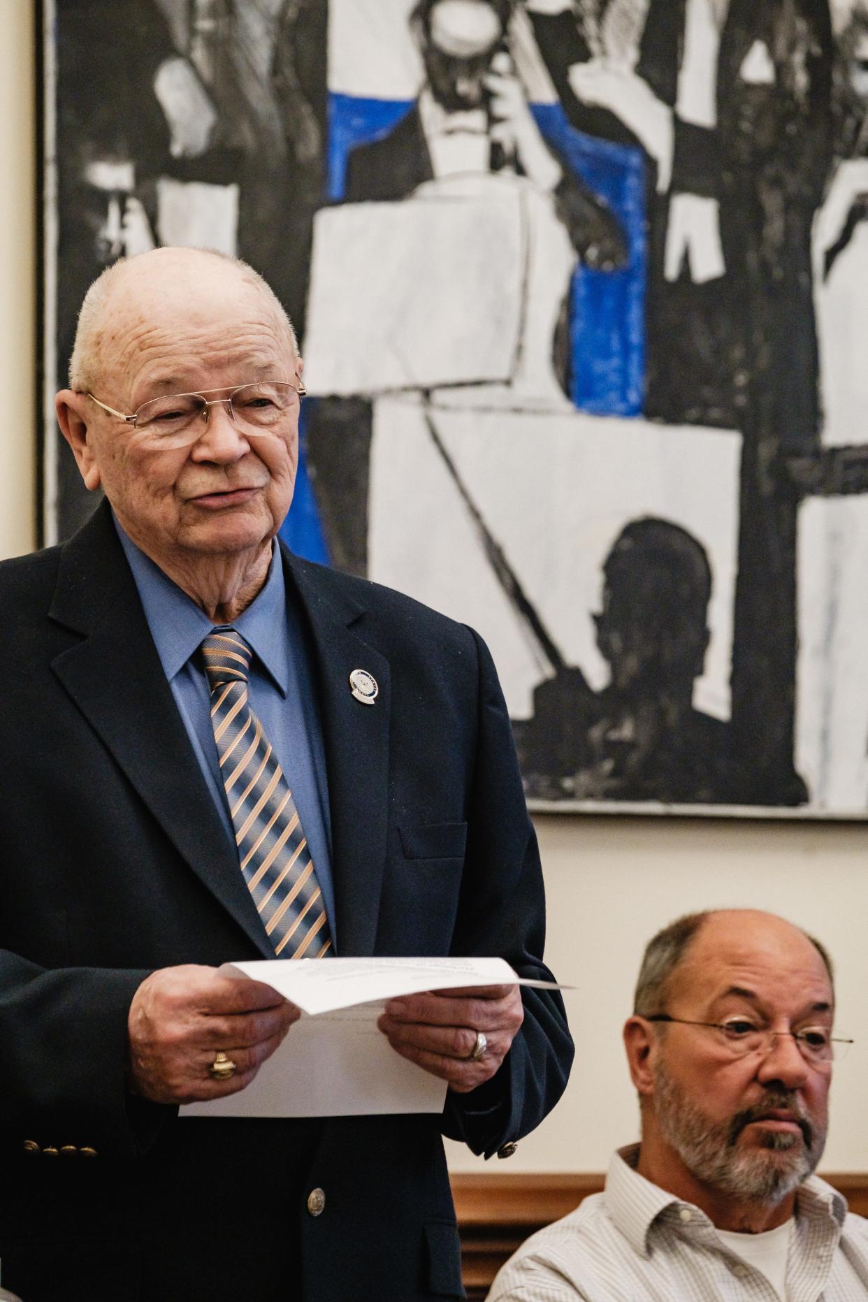 Tom Gardner, left, mayor of Port Washington, speaks in support of Jeffrey Stearns during his sentencing on Friday. Seated at right is former mayor of Sugarcreek, Jeff Stutzman, whom also spoke on behalf of Stearns.