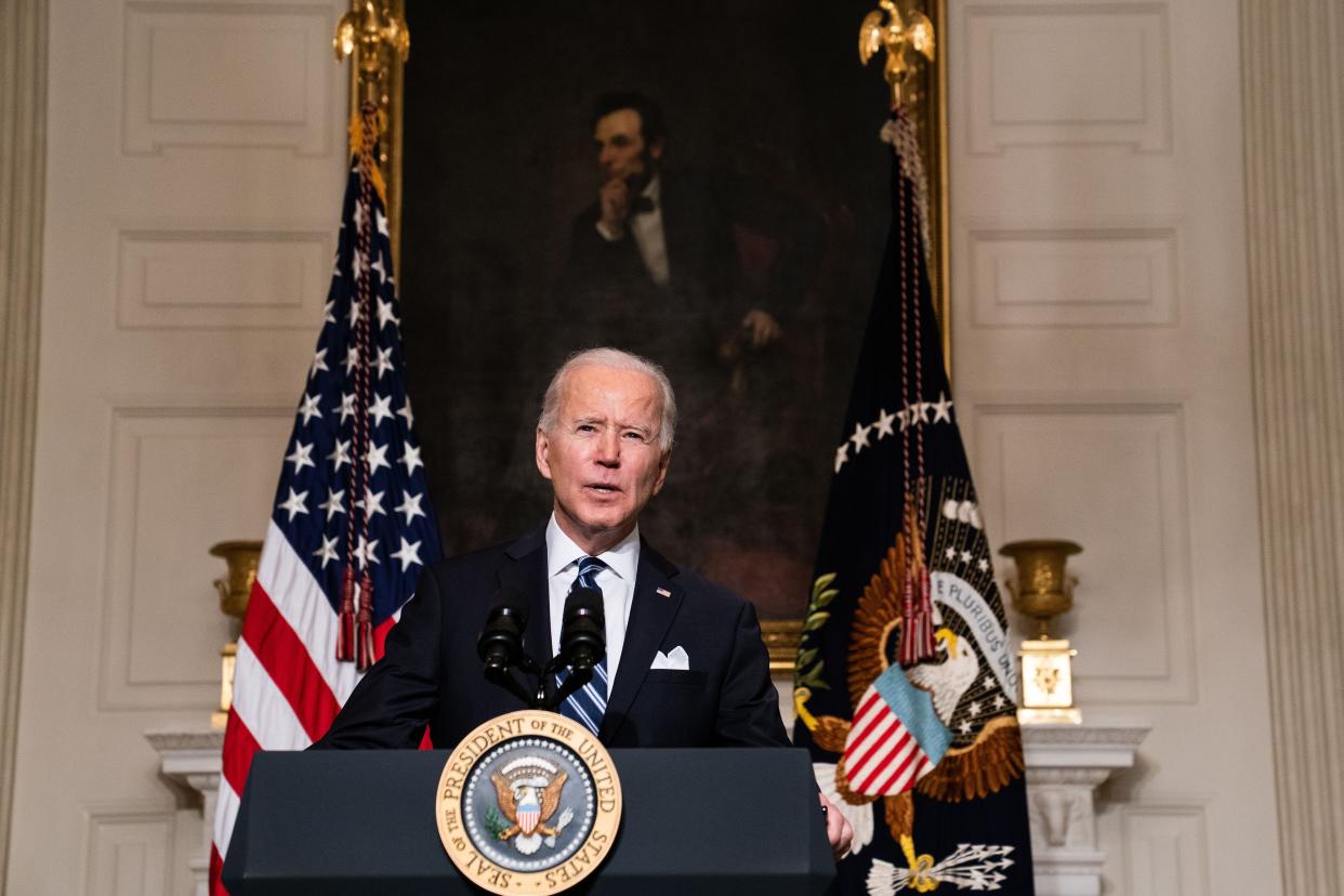 U.S. President Joe Biden speaks about climate change issues in the State Dining Room of the White House on Jan. 27, 2021, in Washington, DC. President Biden signed several executive orders related to the climate change crisis on Wednesday, including one directing a pause on new oil and natural gas leases on public lands.