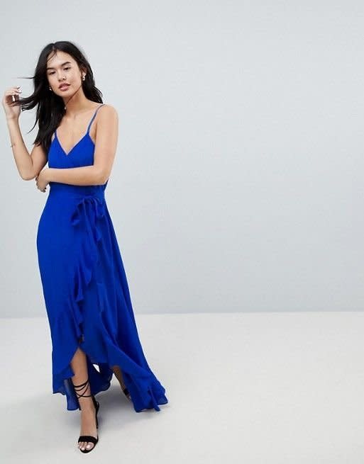 <strong><a href="http://us.asos.com/asos/asos-ultimate-ruffle-front-wrap-maxi-cami-dress/prd/9042603?clr=cobalt&amp;SearchQuery=&amp;cid=8799&amp;gridcolumn=4&amp;gridrow=5&amp;gridsize=4&amp;pge=1&amp;pgesize=72&amp;totalstyles=159" target="_blank">Asos ruffle front maxi dress</a>, $56</strong>