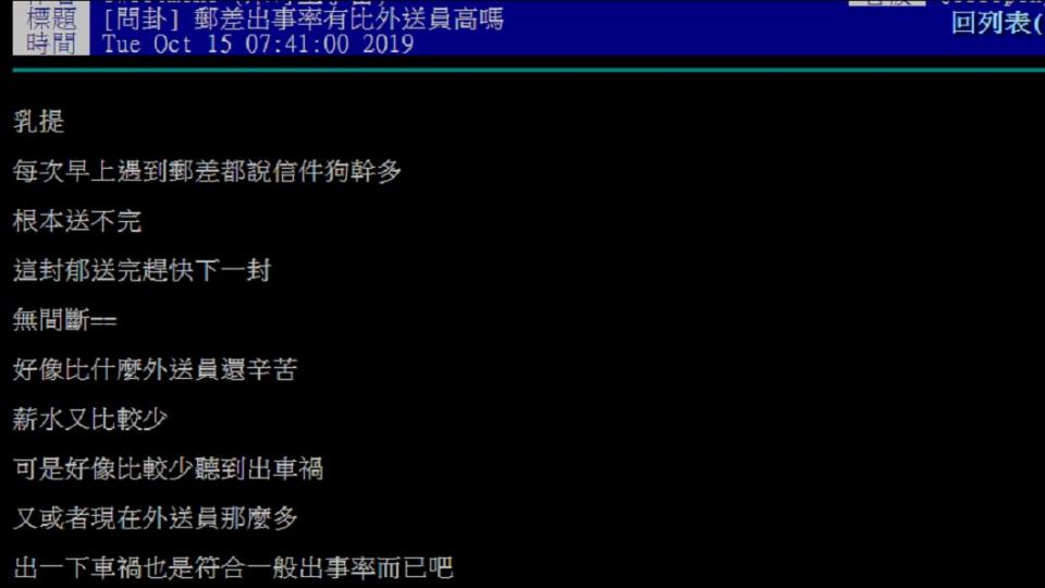 網友好奇為何郵差出事率比外送員低。 圖／翻攝自PTT