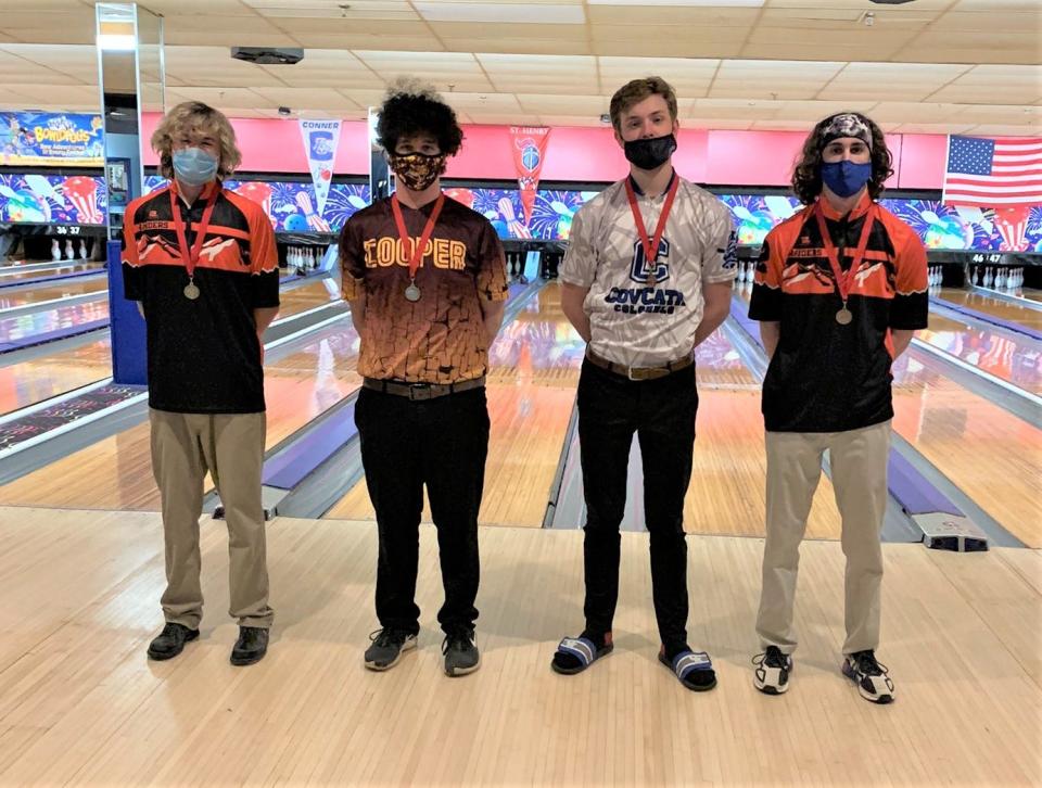 KHSAA Region 6 state bowling qualifiers in 2021 were, from left, Dylan Inyart (Ryle), Andrew Ketron (Cooper), Charlie Smith (Covington Catholic), Tyler Atkinson (Ryle). Inyart was the regional champion.