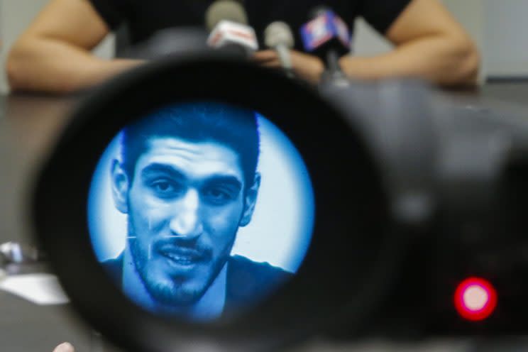 Enes Kanter, seen through a video camera, speaks to the media during a news conference about his detention at a Romanian airport on May 22, 2017 in New York City. (Eduardo Munoz Alvarez/Getty Images)