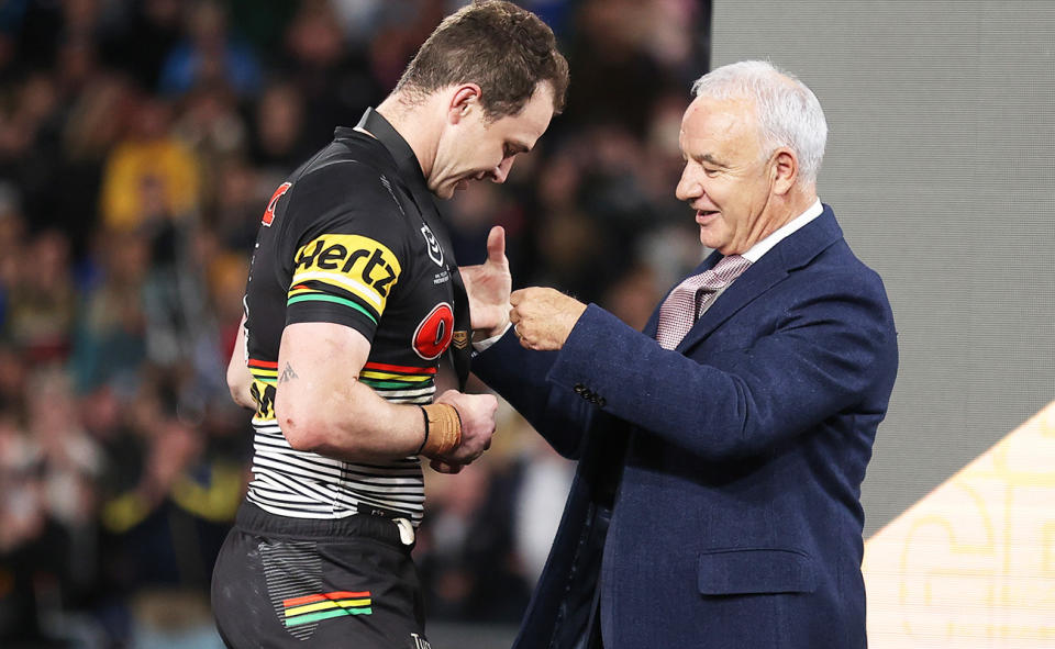 Rodney Churchill, pictured here presenting the Clive Churchill medal to Dylan Edwards.