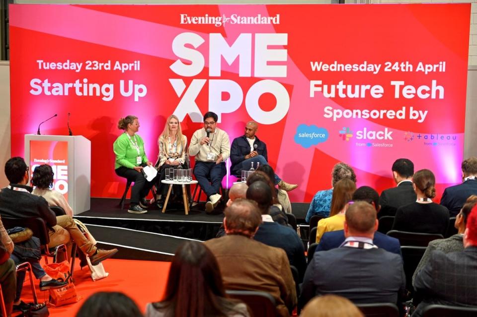 Entrepreneurs Kathryn Bricken, founder of Doughlicious, Cheesegeek’s Edward Hancock and Dhruvin Patel of Ocushield share their advice at SME XPO (Annabel Mueller)