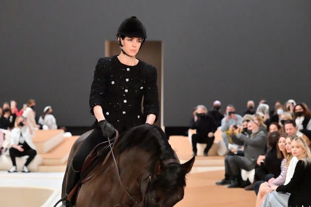 Charlotte Casiraghi rides a horse on the runway during the Chanel Haute Couture Spring/Summer 2022 show at Le Grand Palais Ephemere on Jan. 25. (Photo: Dominique Charriau via Getty Images)