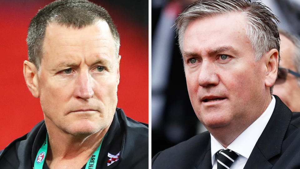 A 50-50 split image shows John Worsfold on the left and Eddie McGuire on the right.