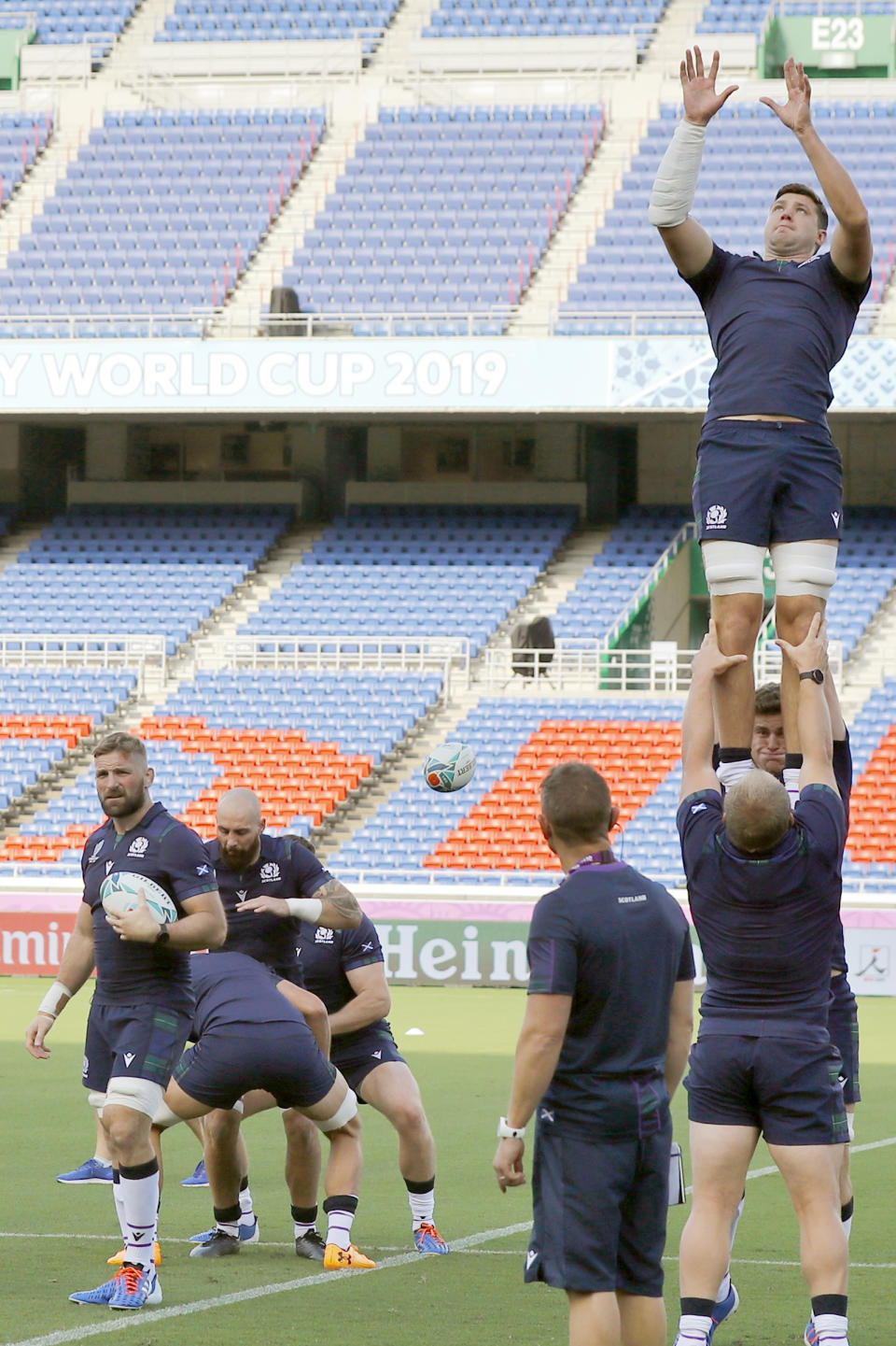 Scotland rugby team members train ahead of their Rugby World Cup match against Ireland, in Yokohama, near Tokyo Friday, Sept. 20, 2019. (Kyodo News via AP)