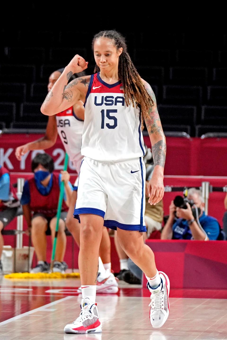 Brittney Griner celebrates a first-half bucket in Team USA's win over Japan.