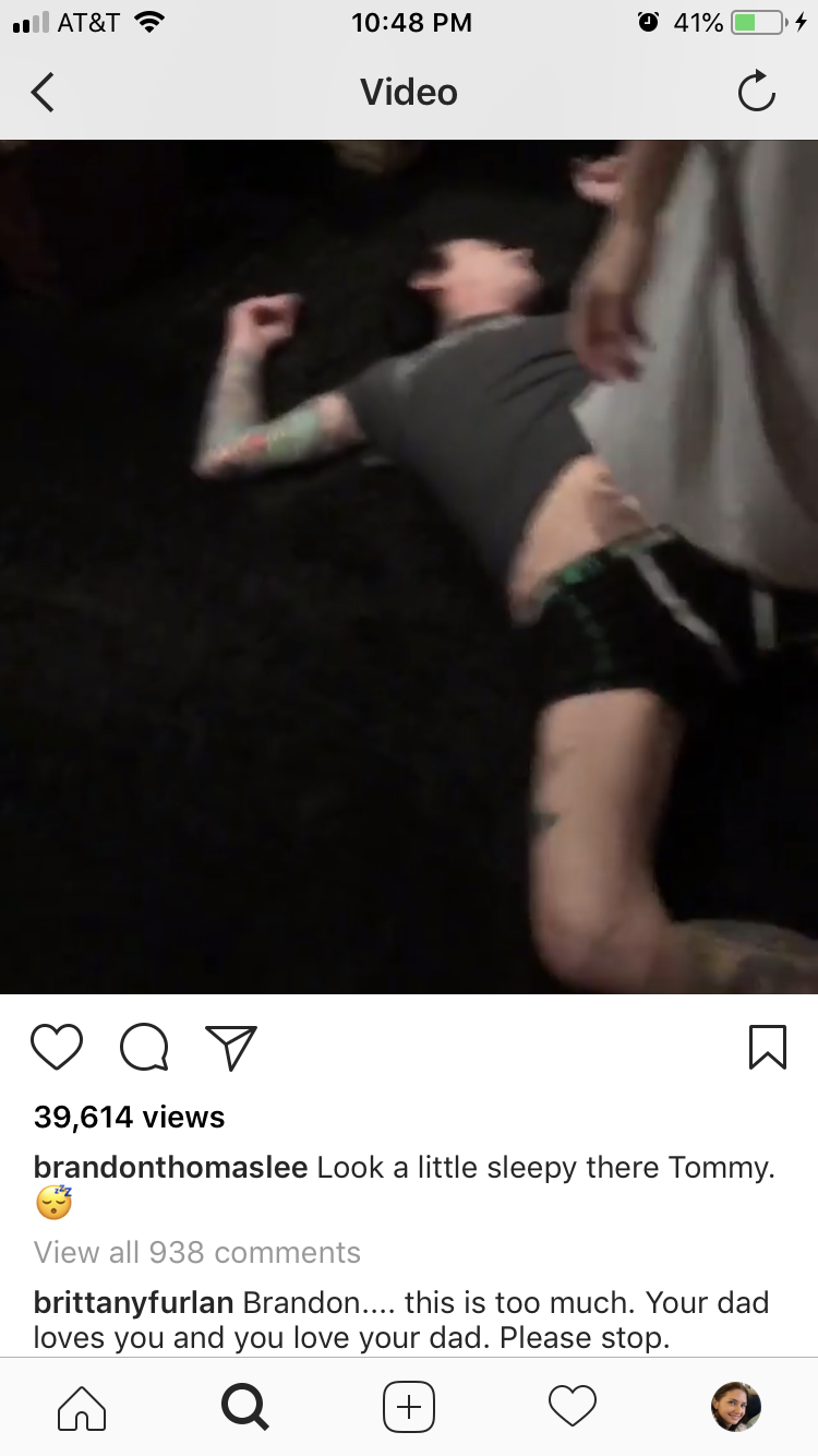 The video of Tommy Lee on the floor in his underwear was deleted. (Photo: Brandon Lee via Instagram)