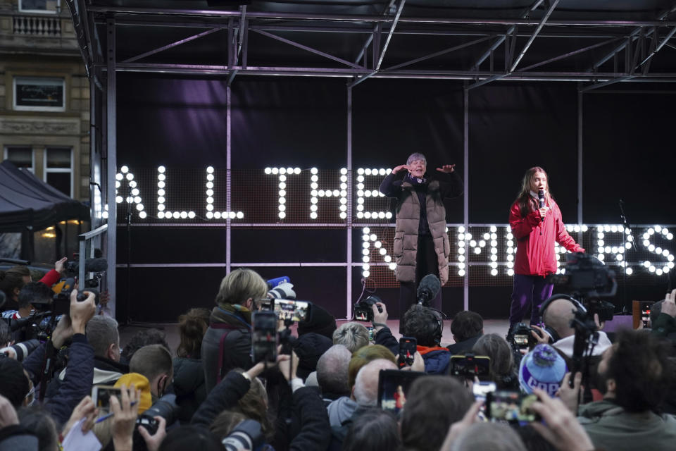 Swedish climate activist Greta Thunberg speaks on the stage of a demonstration in Glasgow, Scotland, Friday, Nov. 5, 2021 which is the host city of the COP26 U.N. Climate Summit. The protest was taking place as leaders and activists from around the world were gathering in Scotland's biggest city for the U.N. climate summit, to lay out their vision for addressing the common challenge of global warming. (AP Photo/Jon Super)