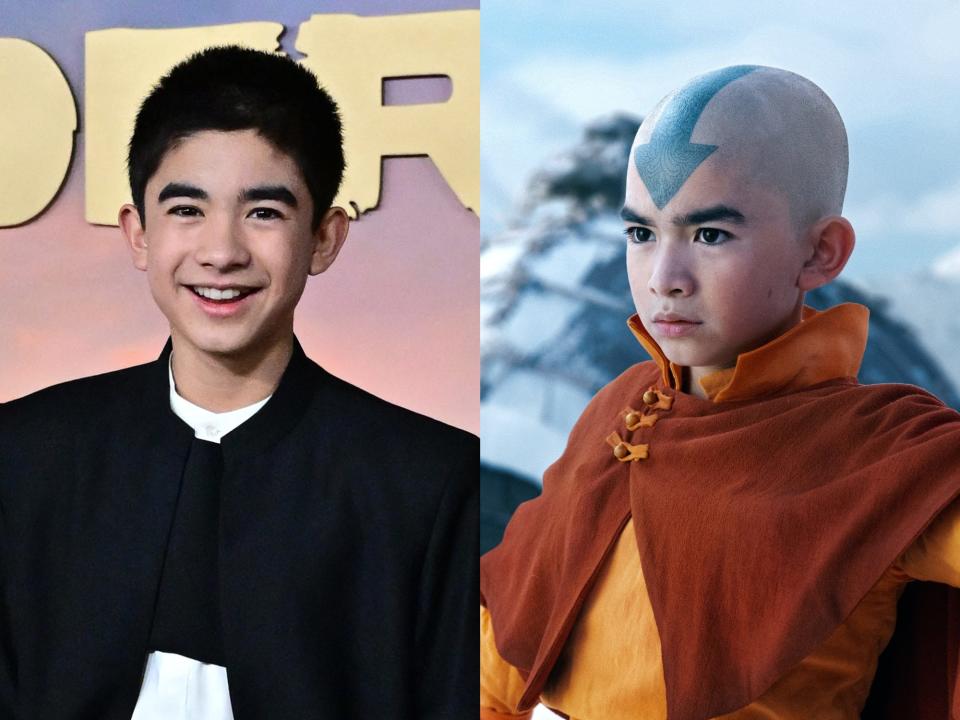 left: gordon cormier smiling widely, wearing a black jacket; right: cormier as aang, looking serious and wearing yellow and orange clothes