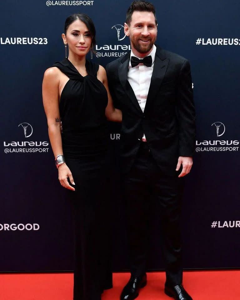 Antonela Roccuzzo y Lionel Messi en la alfombra roja de los premios Laureaus 2023