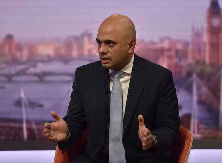 Britain's Home Secretary Sajid Javid attends the BBC's Andrew Marr show in London, June 3, 2018. Jeff Overs/BBC Handout via REUTERS