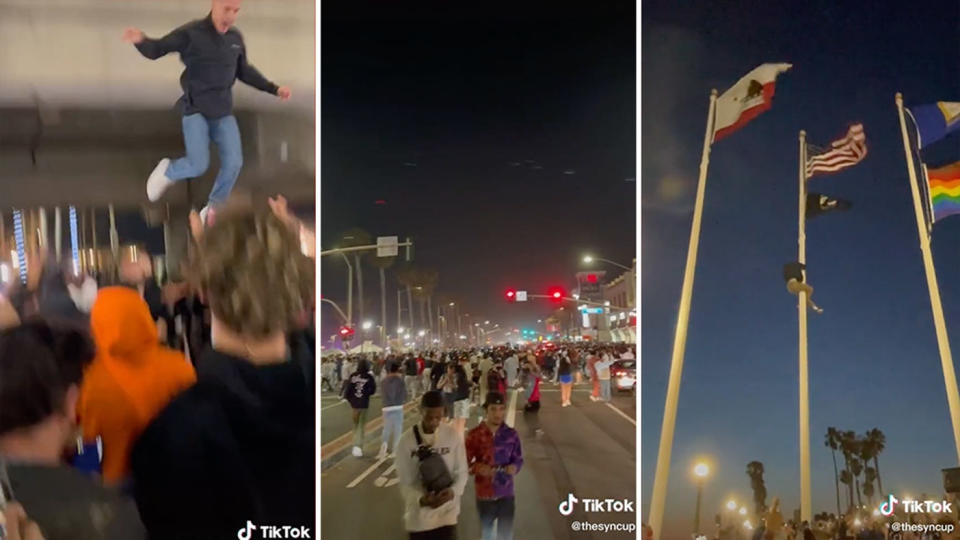 Pictured is a man jumping from a bridge, people walking downtown and someone scaling a flag pole.