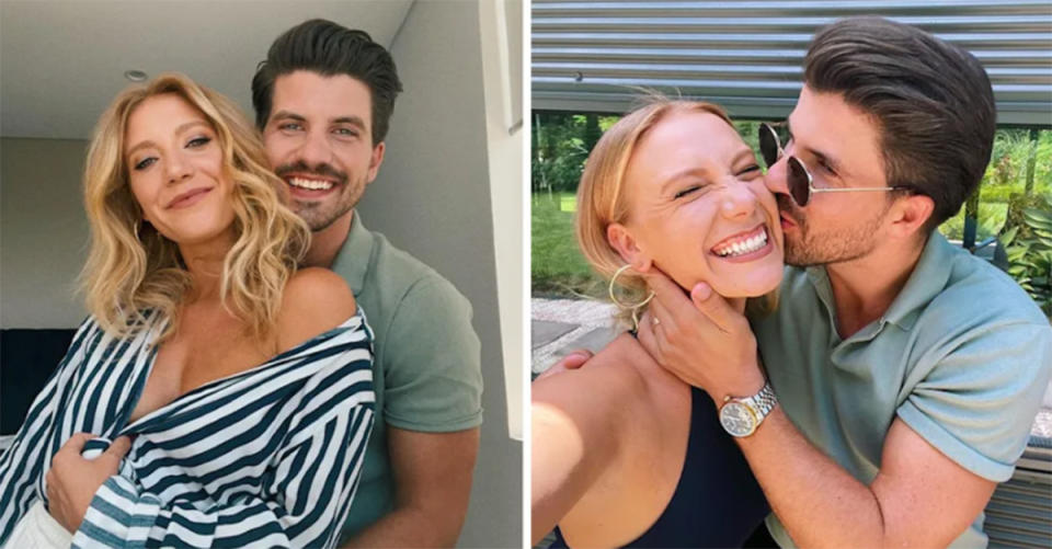 Two side-by-side photos of couple Jess and Matt Price posing together. Photo: Instagram/jess_and_matt.