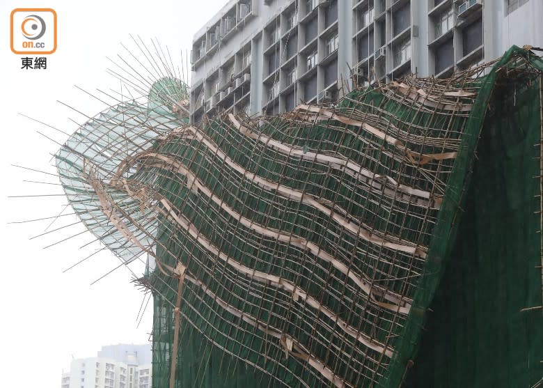 棚架上木板及竹枝在風雨中搖搖欲墜。(胡家豪攝)
