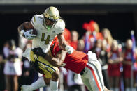 Georgia Tech running back Dontae Smith (4) is stopped by Georgia linebacker Jamon Dumas-Johnson (10) during the first half of an NCAA college football game Saturday, Nov. 26, 2022 in Athens, Ga. (AP Photo/John Bazemore)