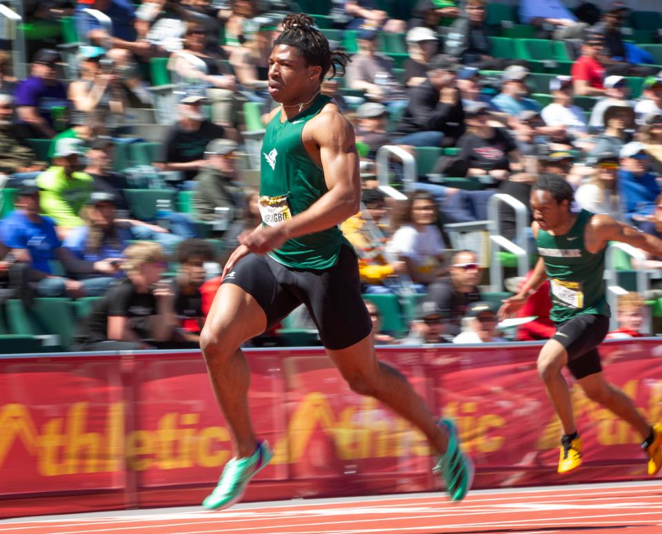 West Salem’s Mihaly Akpamgbo competes in the boys 100 meters during the Oregon Relays at Hayward Field Friday, April 19, 2024.