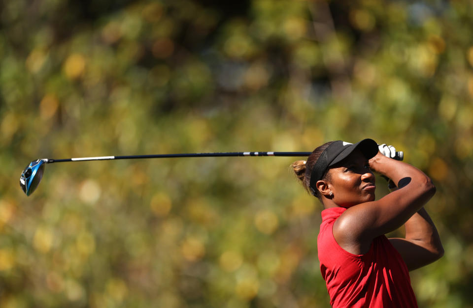 <p>Denise Lewis tees off on the 15th during the Pro-Am for the BMW PGA Championship at Wentworth Golf Club, Virginia Water. Picture date: Wednesday September 8, 2021.</p>
