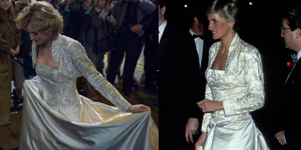 <p>At the very end of season four, fans were treated to this gorgeous take on Diana's Victor Edelstein gown and jacket. The royal wore it to the opera in New York City. </p>