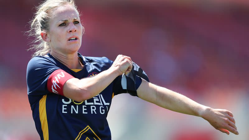 Utah Royals FC forward Amy Rodriguez (8) fixes her sleeve during play as the Utah Royals and Sky Blue play in the National Women’s Soccer League Challenge Cup at Zions Bank stadium in Herriman on Saturday, July 4, 2020. Utah won 1-0.